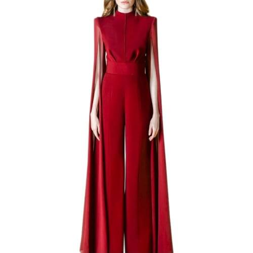 Wide Leg Cape Sleeve Wine Red Womens Formal Jumpsuit