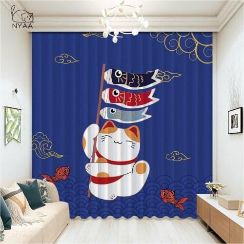 Blue Pattern Cat Stick Figures Window Curtains Living Room Curtains for Bedroom Luxury Home Decor Flat Ultra-thin Light Shading