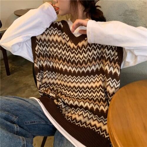 Sweater Vest Women Striped V-Neck Knitted Sleeveless Sweaters Vests Womens Pullover Korean Preppy-Style Leisure Loose All-Match