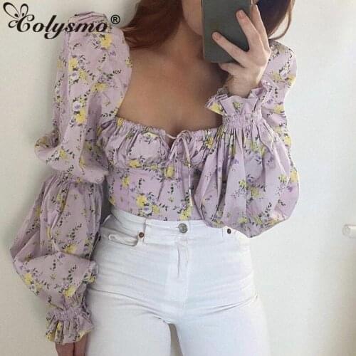 Colysmo Puff Sleeve Top White Sweet Square Neck Ruched Drawstring Floral Blouse Women Clothes Autumn Fashion Party Wear 2020 New