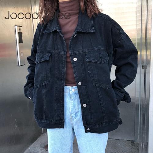 Jocoo Jolee Women Black Denim Jeckets Vintage Jean Coat Korean Harajuku Loose Jackets Casual Wild BF Style Coat 2020 Outwear