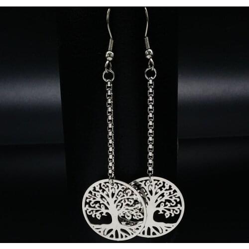 2021 Silver Color Stainless Steel Long Drop Earrings Women Tree of Life Earring Women Jewelry longues boucles d'oreilles E612145