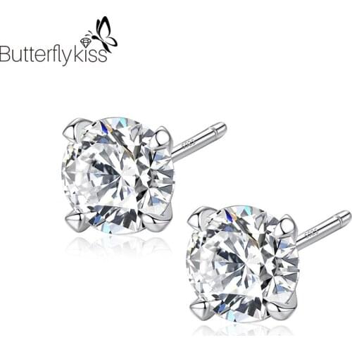 BK Real 925 Sterling Silver Earrings For Women Girl 3mm 4mm 5mm 6mm White Zircon Ear Stud Engagement Jewelry Gift To Girlfriend