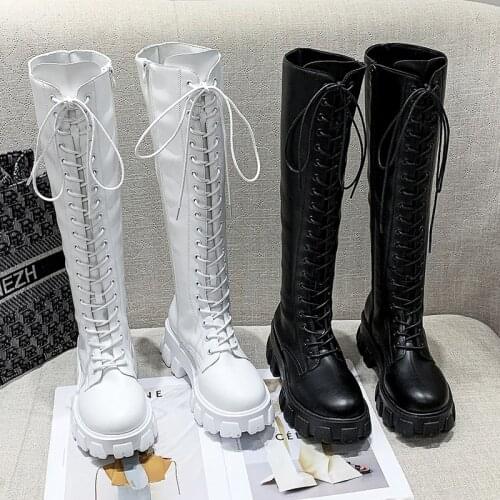 2021 New Thicken Winter Knight Boots Women Knee High Long Square Heel Retro Lace Up Motorcycle Boots Black White Botas Mujer