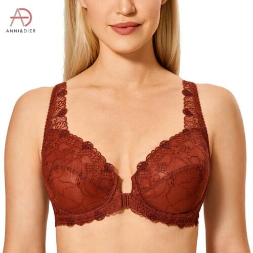 Womens Sheer Embroidered Front Closure Full Coverage Lace Underwire Unlined Bra