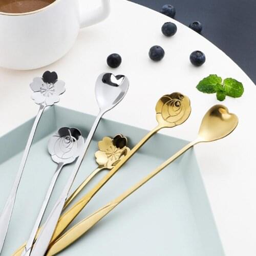 2021 New Hot Kitchen Spoons Stainless Steel Teaspoons Long Handle Flower Heart Ice Cream Dessert Coffee Tea Spoons Mixing Spoon