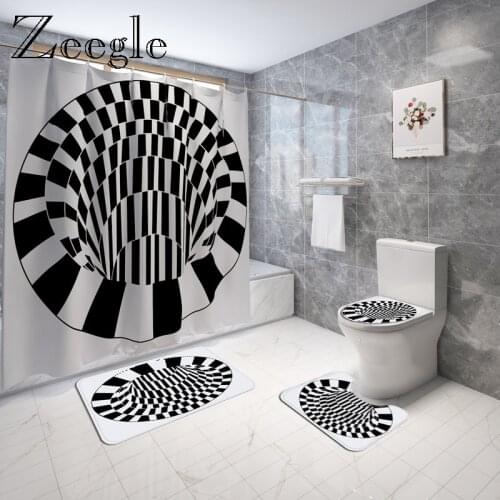 3D Mosaic Spiral Printed Bath Mat and Shower Curtain Set Flannel Bath Shade Carpet Bathroom Foot Mat Absorbent Toilet Floor Mat