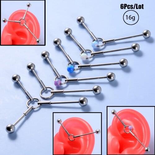 6Pcs Opal Ball Ear Cartilage Helix Barbells Stud Piercing Earring Oreja Ring Industrial Barbell Ring Surgical Steel Can Move
