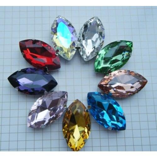 Free shipment,Sew On 17x32mm 90Pcs/Lot Navette Crystal Fancy Stone with Silver Claw Setting 4 holes nine defferent color