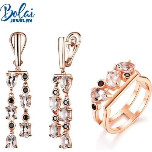 Bolaijewelry,Natural Morganite jewelry set 925 sterling silver ring and earrings for women elegant wedding wear new design 2020