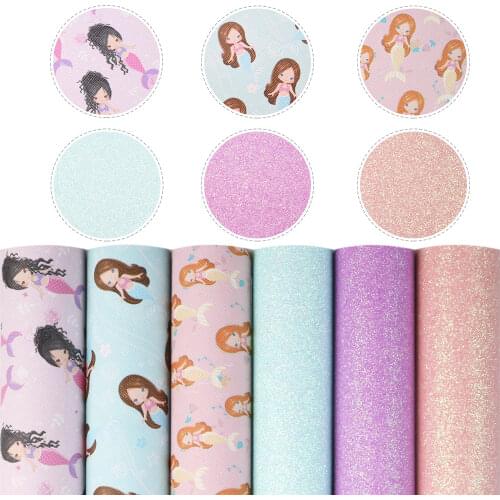 David accessories 6/8pcs/set 20*33cm Ocean Mermaid Printed Faux Leather Fabric Set DIY Bow Bag Shoes Synthetic Leather,1Yc10562