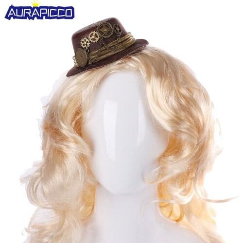 Gothic Mini Steampunk Hat with Hairclip Dark Rose Feather Gear Compass Chain Victorian Bowler Time Traveler Costume Accessories