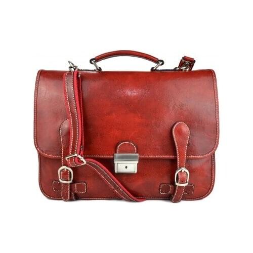 Leather briefcase mens women office handbag red
