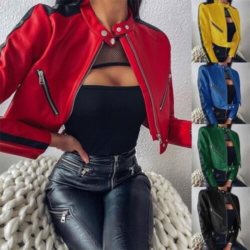 Women 2021 New Autumn Motorcycle Jacket Zipper Faux Soft Leather Jacket Short Leather Jacket Ladies Basic Street Coat Black Red