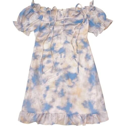 Summer new tie-dye floral slash neck dress