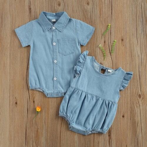 0-18M Summer Baby Girls Boys Bodysuits Blue Denim Short Sleeve Single Breasted Boys Girls Jumpsuits