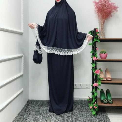 Muslim Women Prayer Garment Top and Skirt Two-Piece Set Ramadan Worship Robe Lace Big Swing Maxi Skirts Kaftan Islamic Clothing