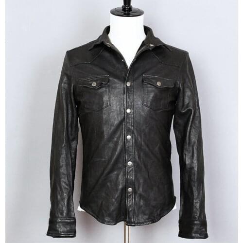 2019 Fashion Fold Sheepskin Genuine Leather Shirt Men Slim Fit Real Leather Jacket Mens Thin Slim Fit Black Casual Coat