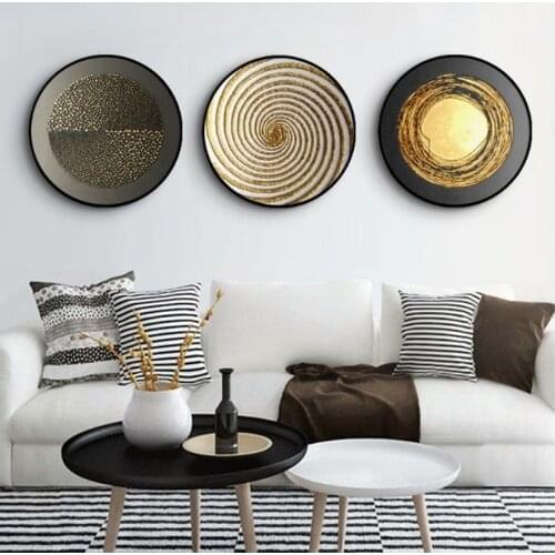 Nordic Black Gold Mural Wall Decoration Living Room Round Wooden Frame Abstract Oil Cloth Painting Wall Hanging Home Decoration
