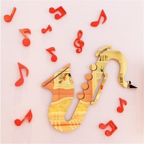 New 3d mirror wall stickers Saxophone music classroom Three-dimensional crystal acrylic wall sticker kids room decor art cartoon