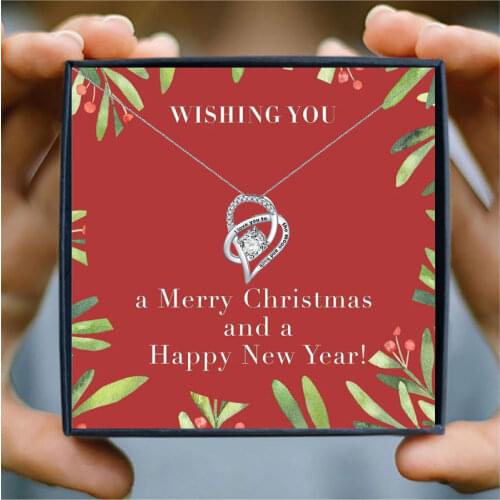 Charm Crystal Zircon Heart-Shape Pendant Necklaces for Women Wish Card Happy New Year Family Jewelry Merry Christmas Gift
