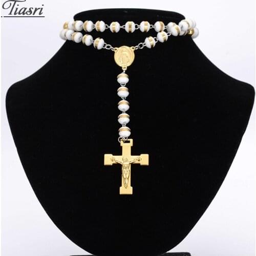 Tiasri Jesus Cross Pendant Necklace Aesthetic Stainless Steel Ladys Sweater Chain Round Bead Long Chain Gift For Lover Choker