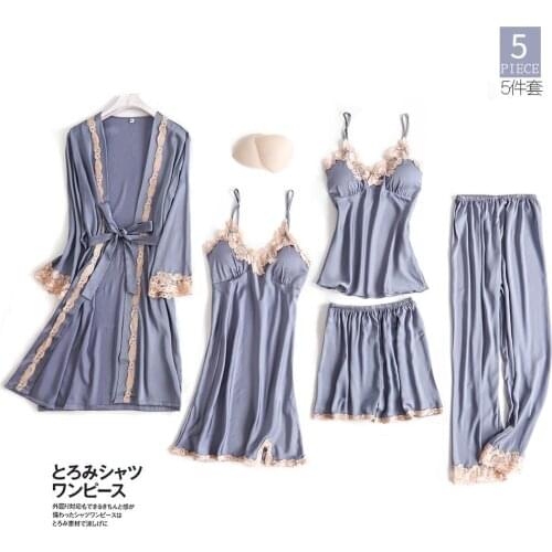 Pyjamas female summer phnom penh 5 piece ice silk sex appeal home to wear halter belt knickers bathrobe trousers sleepwear