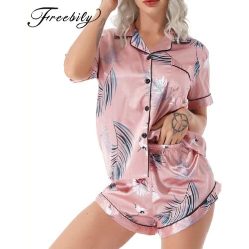 2Pcs Printed Satin Pajama Set Women Sleepwear Summer Turn Down Collar Ice Silk Short Sleeve Shorts Casual Pijama Home Wear