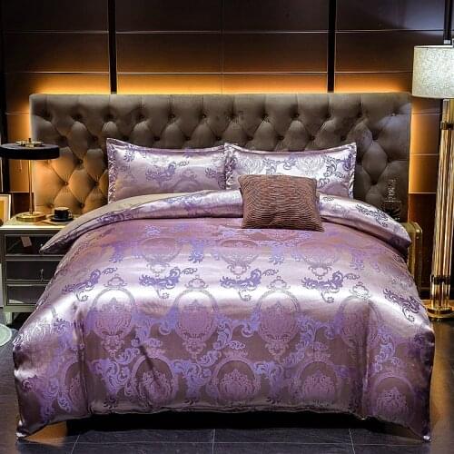 Luxury duvet cover set jacquard soft satin silky bedding down cover pillowcase set with zipper seal, medium size double bed