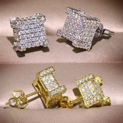 Bling Zircon Stone Hip Hop Gold Square Stud Earrings for Man Women Korean Earrings S925 Silver Color
