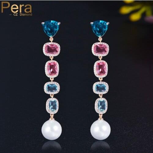 Pera Elegant Dangling Square Shape Link Blue Red Cubic Zirconia Long Wedding Drop Pearl Earrings for Women Party Jewelry E736