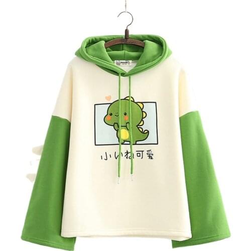 Japan Style Cute Dinosaur Print Patchwork Hoodies With Horns 2020 Winter New Womens Plus Velvet Warm Hooded Sweatshirt 2010703