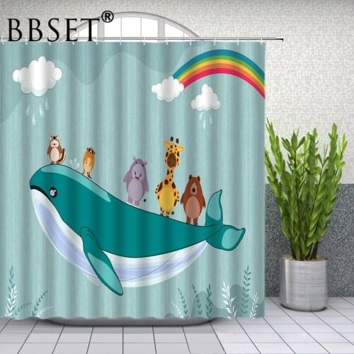 Cartoon Whale Shower Curtain Funny Animal Rainbow Pattern Waterproof Multi-size Douchegordijn Kids Bathroom Decor with 12 Hooks