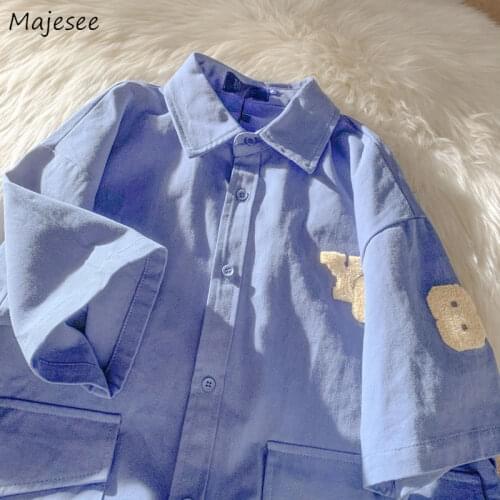 Shirts Women All-match Couple Fashion Letter-embroidered Summer Turn-down Collar Vintage Harajuku Korean Style Simple Female Top