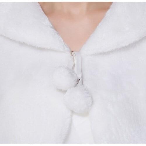 Womens Lady Faux Fur Long Sleeve Shawl Wrap Lapel Collar Pompom Ball Lace Up White Shrug Cape Pashmina Bridal Wedding Party Coat