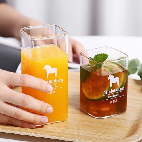 200ml/350ml Square Glass Transparent Square Water Mug Milk Beverage Cup Juice Teacup Cute Mugs Coffee Cups Tumbler with Straw