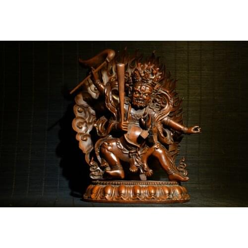 8" China Lucky Old Boxwood Hand-carved Four arms Mahakala statue Back light Enshrine the Buddha