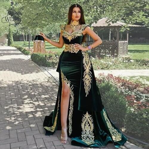 Arabic Mermaid Velvet Evening Dresses 3 Pieces Split Applique Overskirt Lace Prom Gowns High Neck Algerian Outfit Custom Made