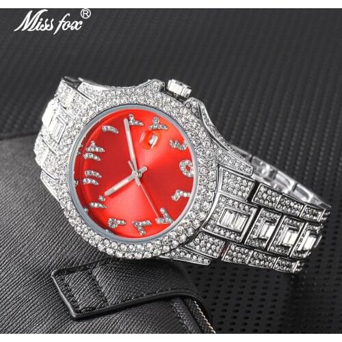 MISSFOX Red New Watches For Men Silver Fashion Iced Out Mans Watch Numerals Dial Dropshipping Wristwatches Relogio Masculino
