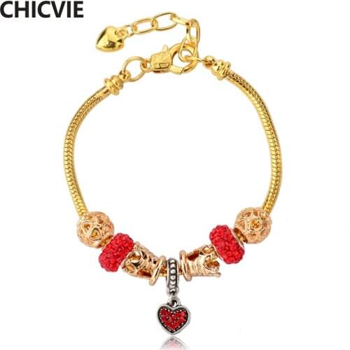 CHICVIE Luxury Brand Red Heart&Crown Bracelets Bangles For Women Crystal Bracelet Stainless Steel Gold Bracelets Gifts SBR150024