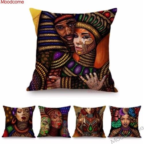 Colorful African Queen Girl Face Art Painting Decorative Sofa Throw Pillow Case Cotton Linen Exotic Ethnic Style Cushion Cover