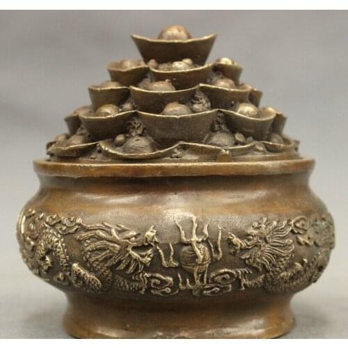 10CM Chinese Bronze Copper YuanBao Wealth Fly Dragon Statue Bowl Treasure Bowl
