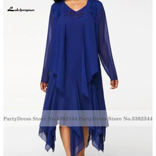 Lakshmigown Elegant Royal Blue Mother of the Bridal Dress with Jacket 2021 Vestido Plus Groom Mum Formal Party Dress Knee Length
