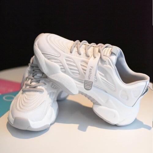 Fashion Womens Sports Vulcanized Shoes Leather Mesh Breathable Lace-up Casual Womens Shoes New Round Toe Platform White Shoes