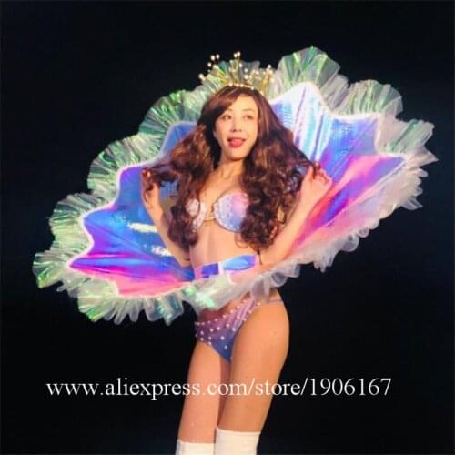 Nightclub Bar FSexy Lady Party Dress With Headwear Singer Dance Team Shell Princess Magic Color Skirt Set Ballroom Costume