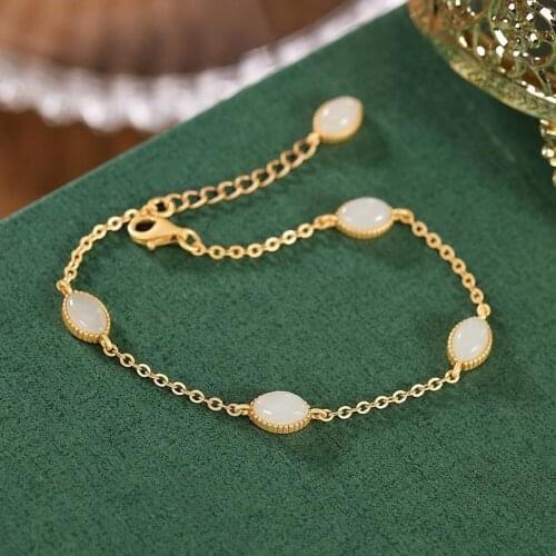 Original S925 Sterling Silver Ancient Gold Hetian Jade White Jade Personality Drop Shape Creative All-Match Womens Extendable B
