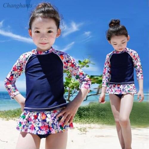 1-8 Y Girls Sandy Beachwear Kids Two Pieces Swimwear Dark Blue Flower Pattern Children Rash Guard Long Sleeve Surfing Suit