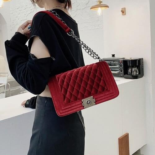 Women Luxury Velvet Crossbody Bags Small Rhombus Plaid Handbags Trendy Square Shoulder Bags Female Solid Color Messenger Bag Sac
