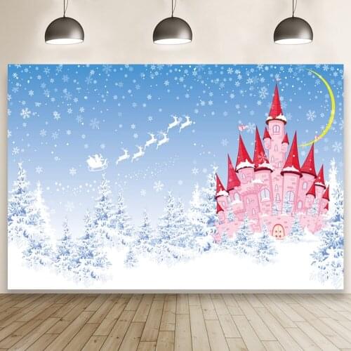 Pink Ice Castle Winter Snow Christmas Elk Birthday Party Photography Background Photographic Photo Studio Table Prop Wallpaper