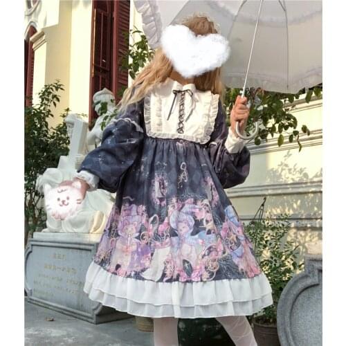 Japanese sweet lolita dress vintage stand puff sleeve high waist cute printing victorian dress kawaii girl gothic lolita op loli